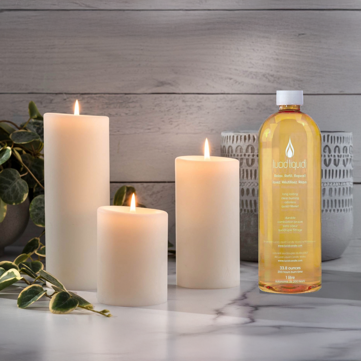 Trio of Natural Pillar Candles + Liter Bottle Lucid Liquid Gift Set
