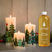 Trio of Christmas Forest Pillar Candles + Liter Bottle Lucid Liquid Essentials Set