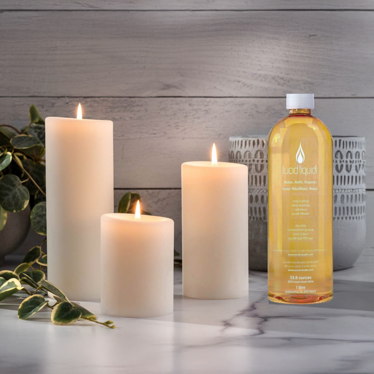 Trio of Natural Pillar Candles + Liter Bottle Lucid Liquid Essentials Set
