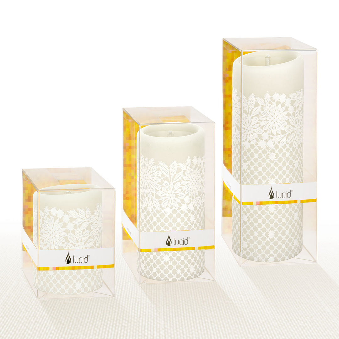 White on Natural Lace Pillar Candles - Lucid Candle