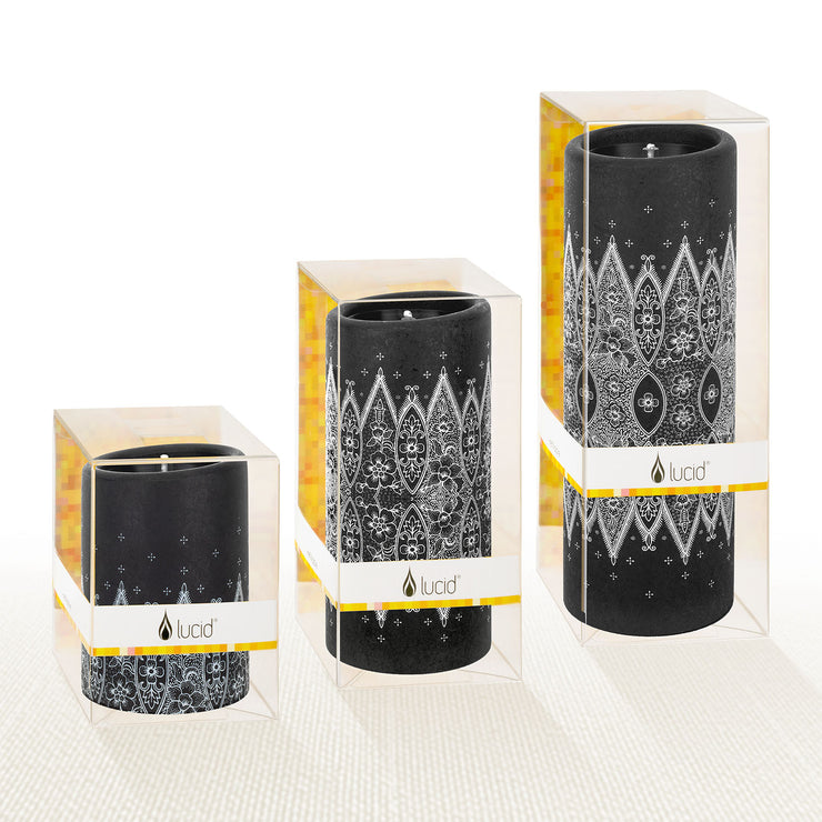 White on Black Lace Pillar Candles