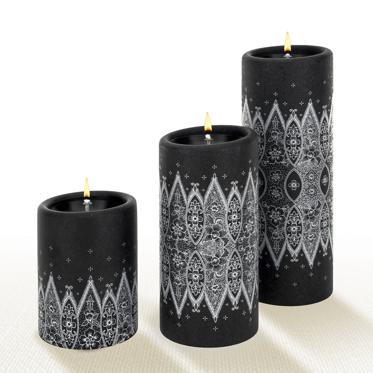 White on Black Lace Pillar Candles