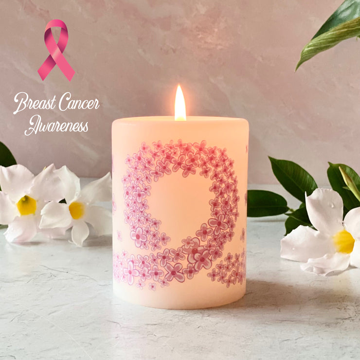 Breast Cancer Floral Ribbon 4 Inch Pillar Candle
