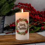 Merry Christmas Winter Floral Wreath 6 Inch Pillar Candle